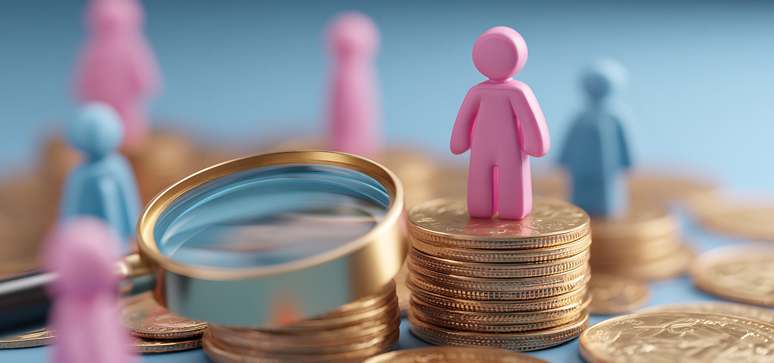 Concept photo illustrating gender pay gap. Figurines stand atop stacks of coins, woman on top, men below. Magnifying glass explores income disparity in business, finance, economics. Equality, wage Zdjęcie koncepcyjne ilustrujące lukę płacową między kobietami a mężczyznami.