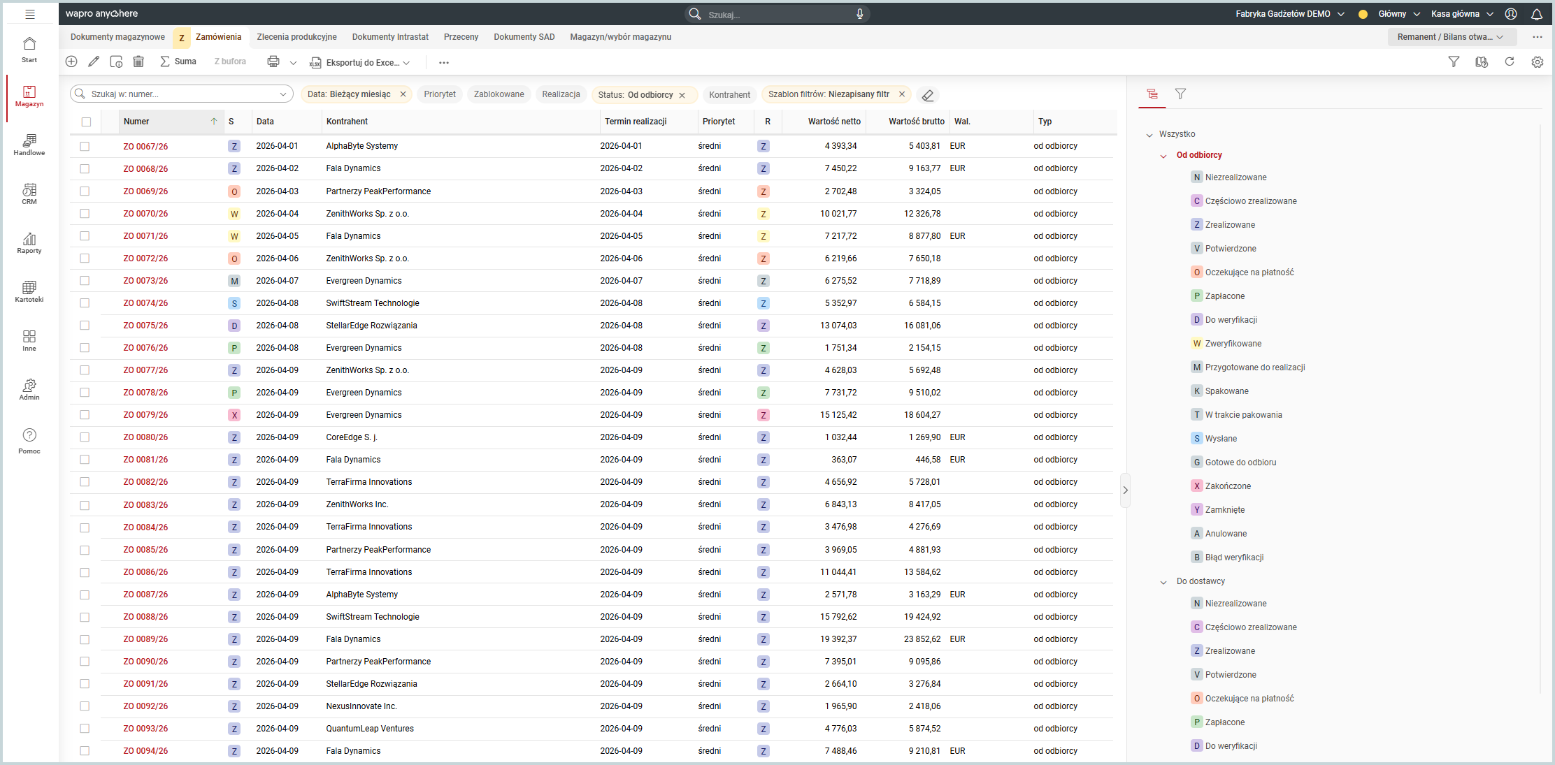 Lista zamówień ze statusami w Wapro Mag Anywhere