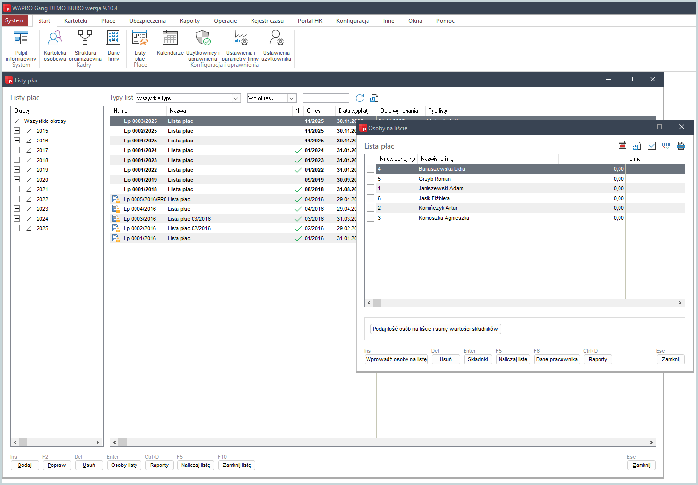 Okno list płac w Wapro Gang