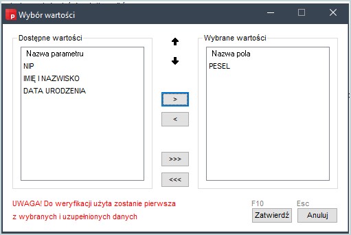 Wybór wartości danych identyfikacyjnych w Wapro Gang