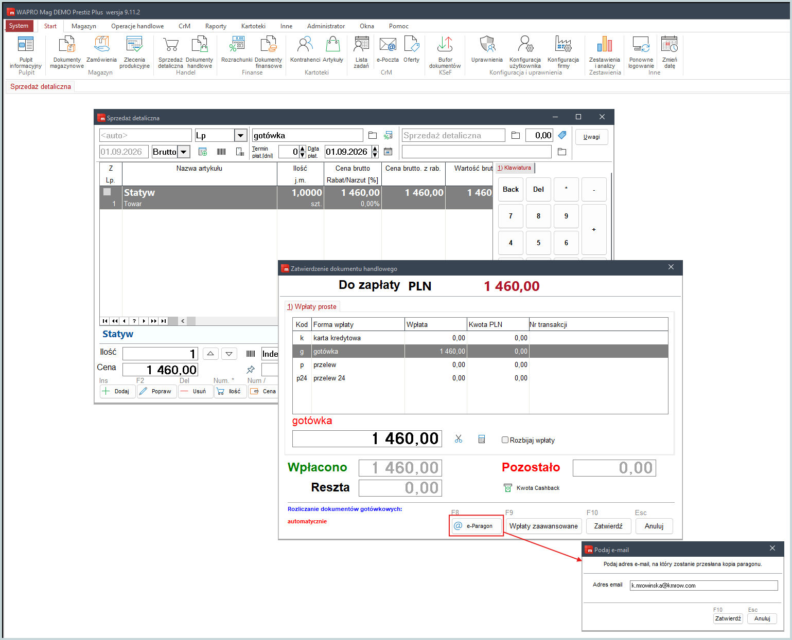 obrazek10903 Paragon elektroniczny Wapro Mag – wysłanie e-paragonu na adres e-mail klienta w sprzedaży detalicznej