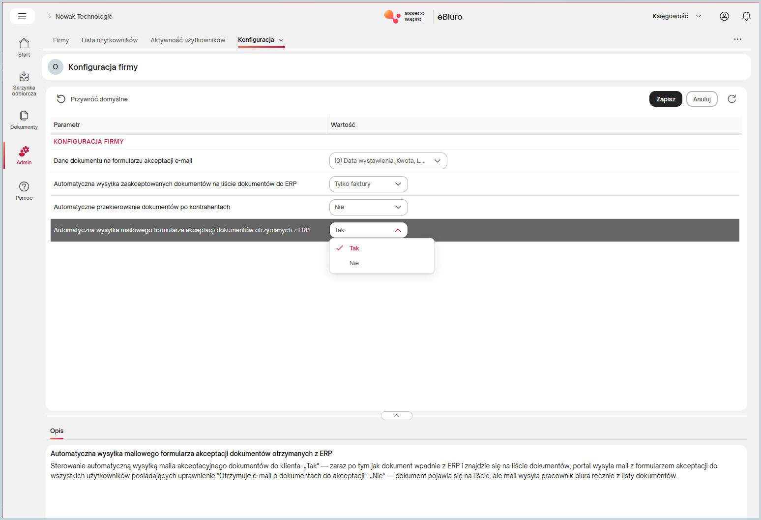 obrazek20922 Wapro eBiuro – włączenie automatycznej wysyłki formularza akceptacji dokumentów z ERP na adres e-mail użytkownika
